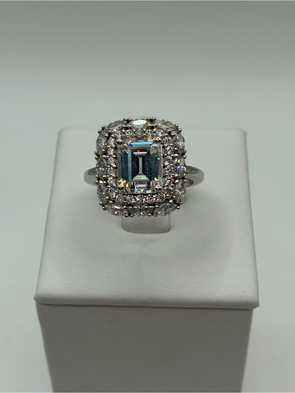Sterling Silver 925 Emerald Cut Double Halo Simulated Diamond Ring Size 7 1/4